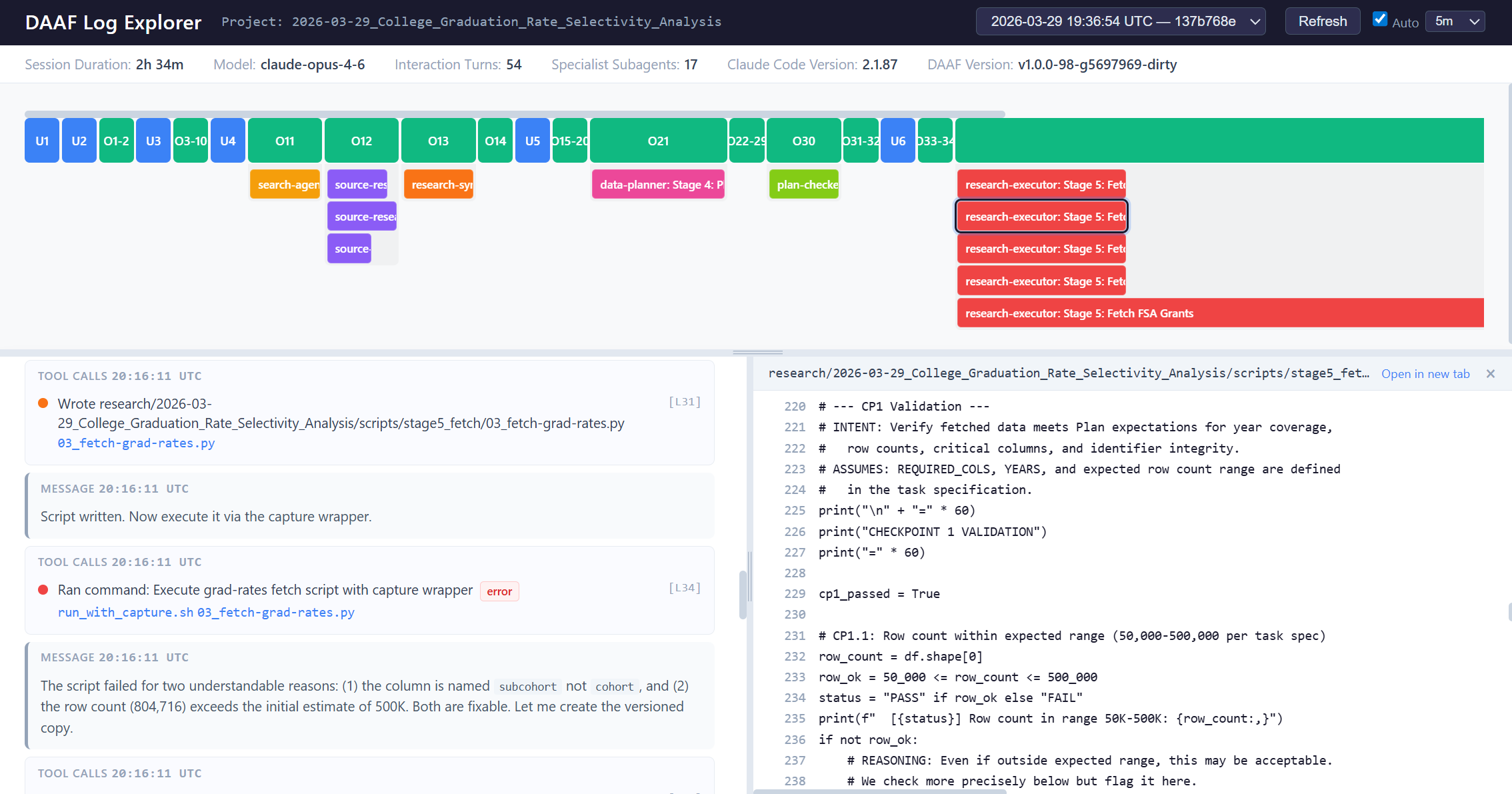 DAAF Log Explorer showing a real session transcript with tool calls, file reads, and agent dispatch